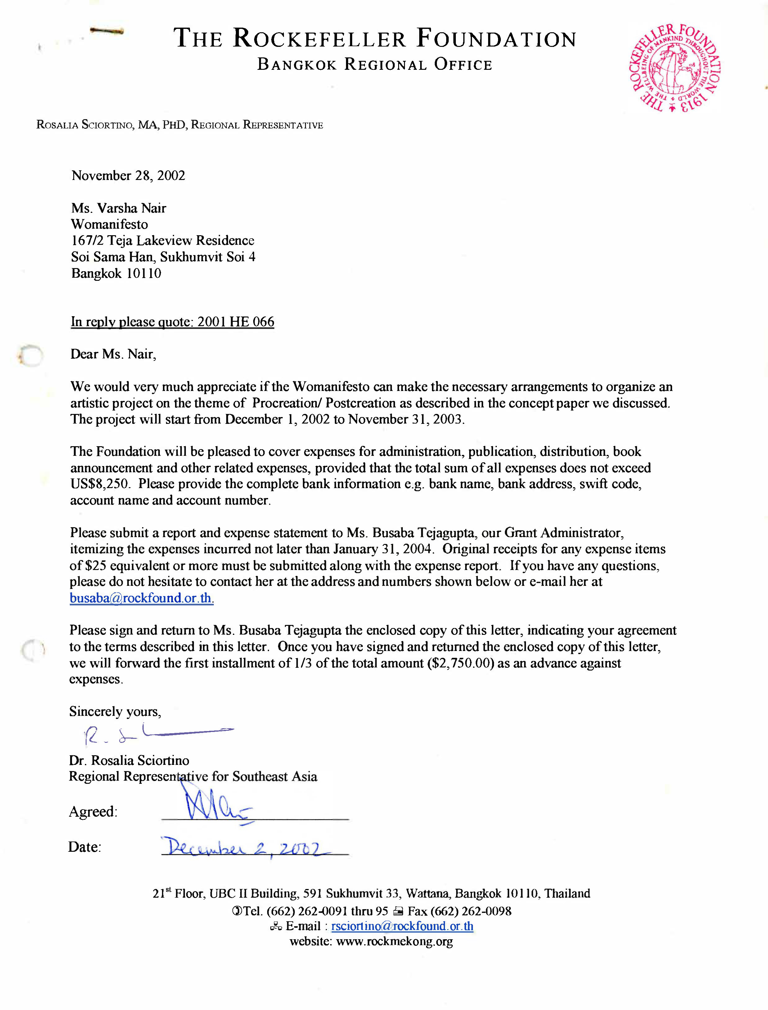 Letter from Rosalia Sciortino, Rockefeller Foundation, to Varsha Nair, 28 November 2002