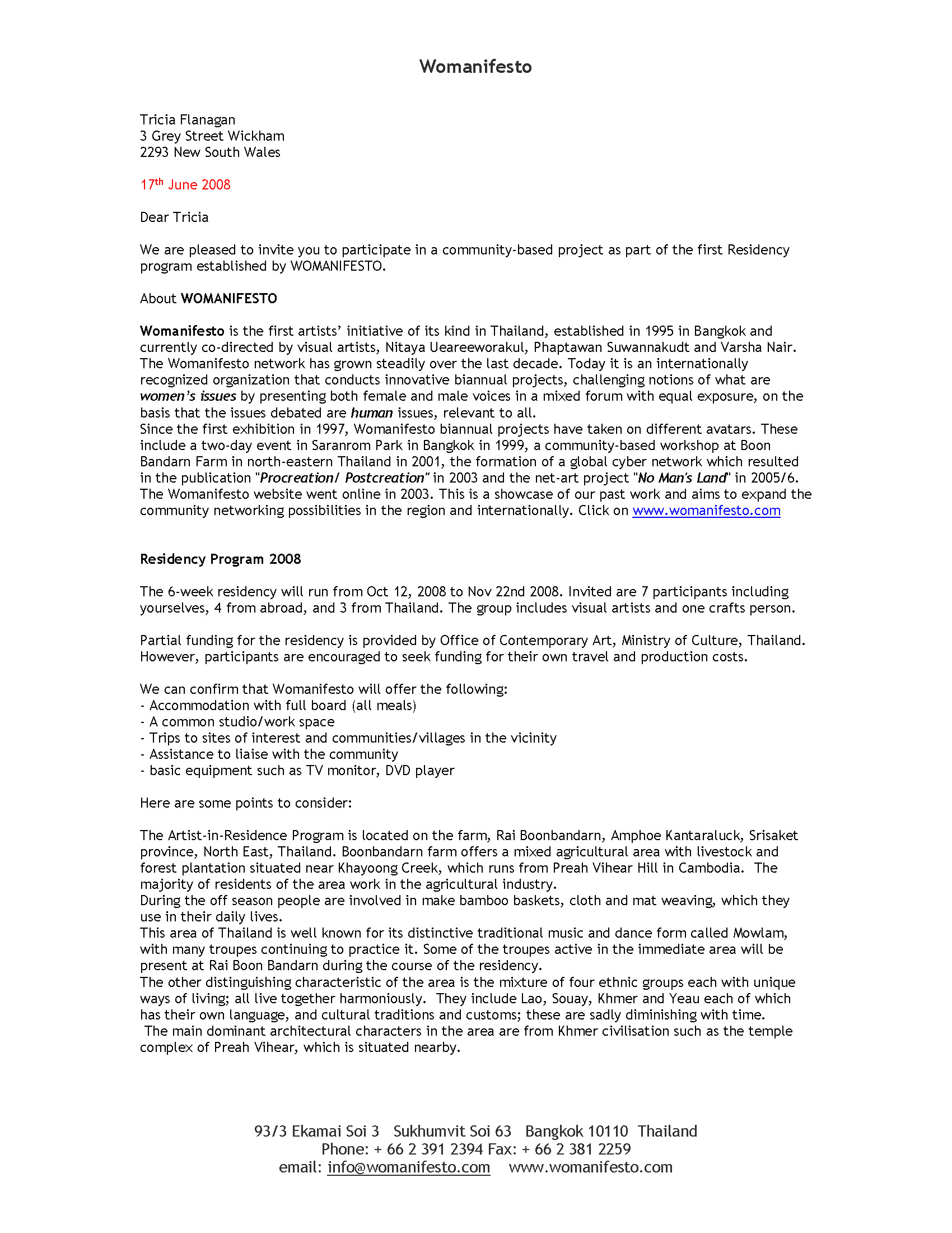 Womanifesto 2008 Residency Programme Invitation Letter to Tricia Flanagan, 17 June 2008