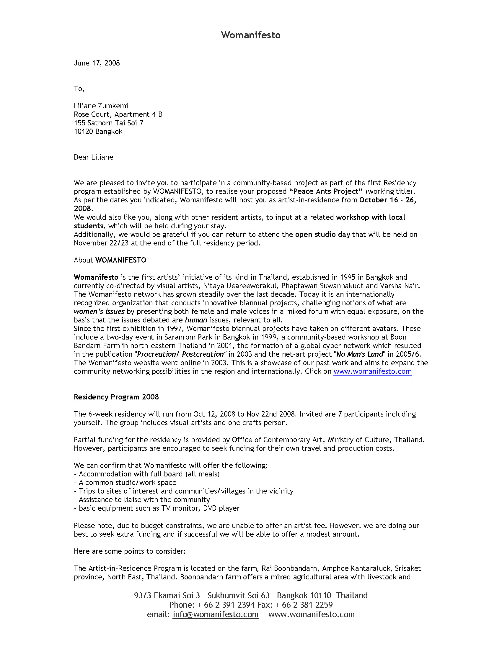 Womanifesto 2008 Residency Programme Invitation Letter from Varsha Nair to Liliane Zumkemi, 17 June 2008