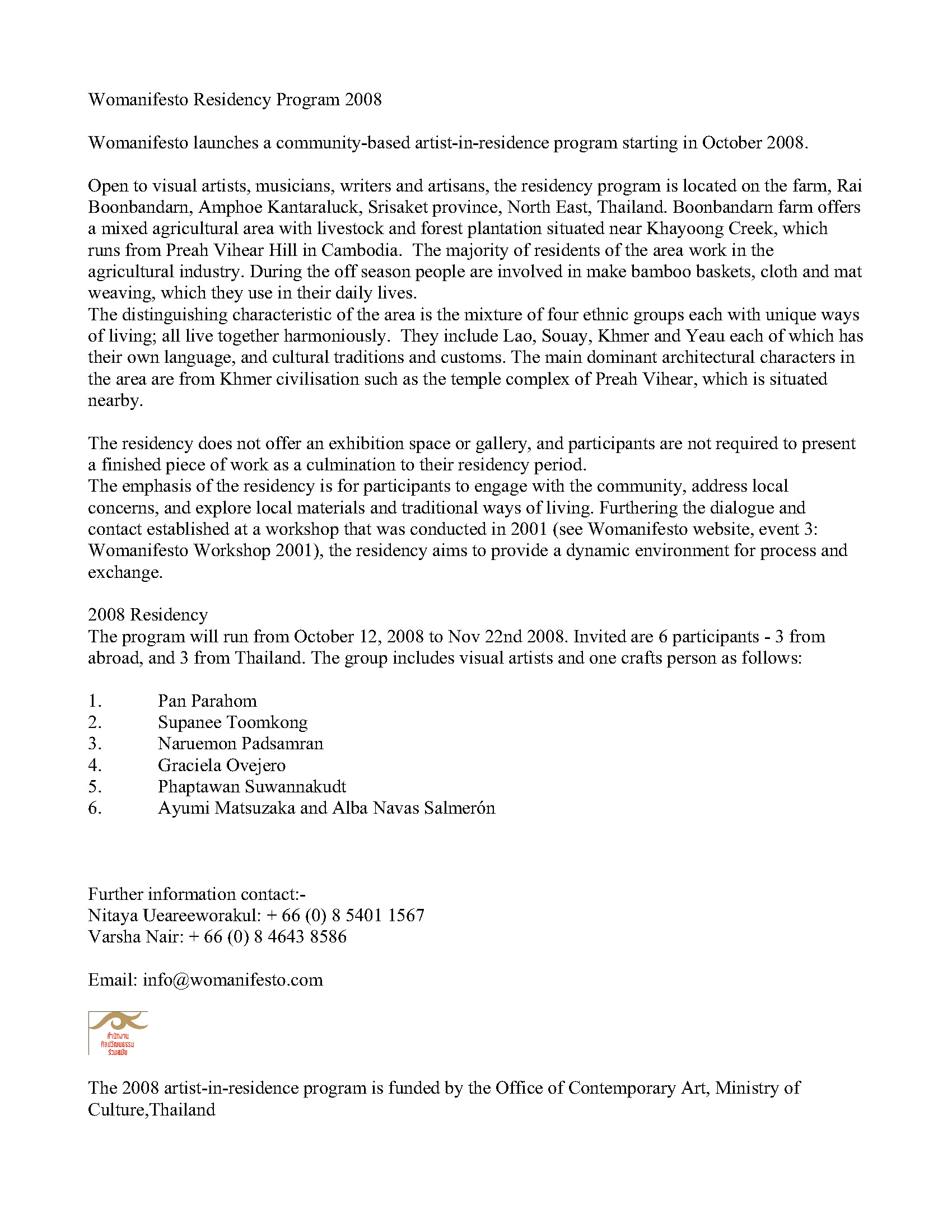 Womanifesto 2008 Residency Programme Introductory Text with Participants' Biographies — Draft