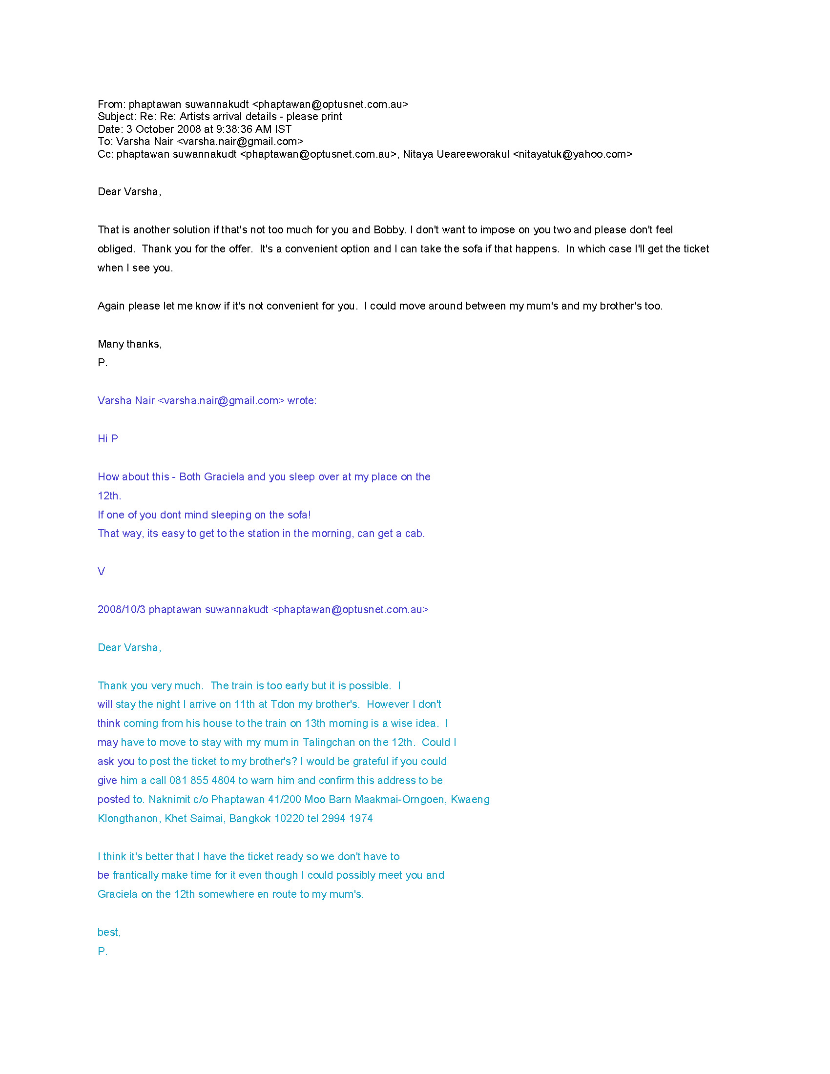 Email Correspondence between Varsha Nair, Phaptawan Suwannakudt, and Nitaya Ueareeworakul, 3 October 2008