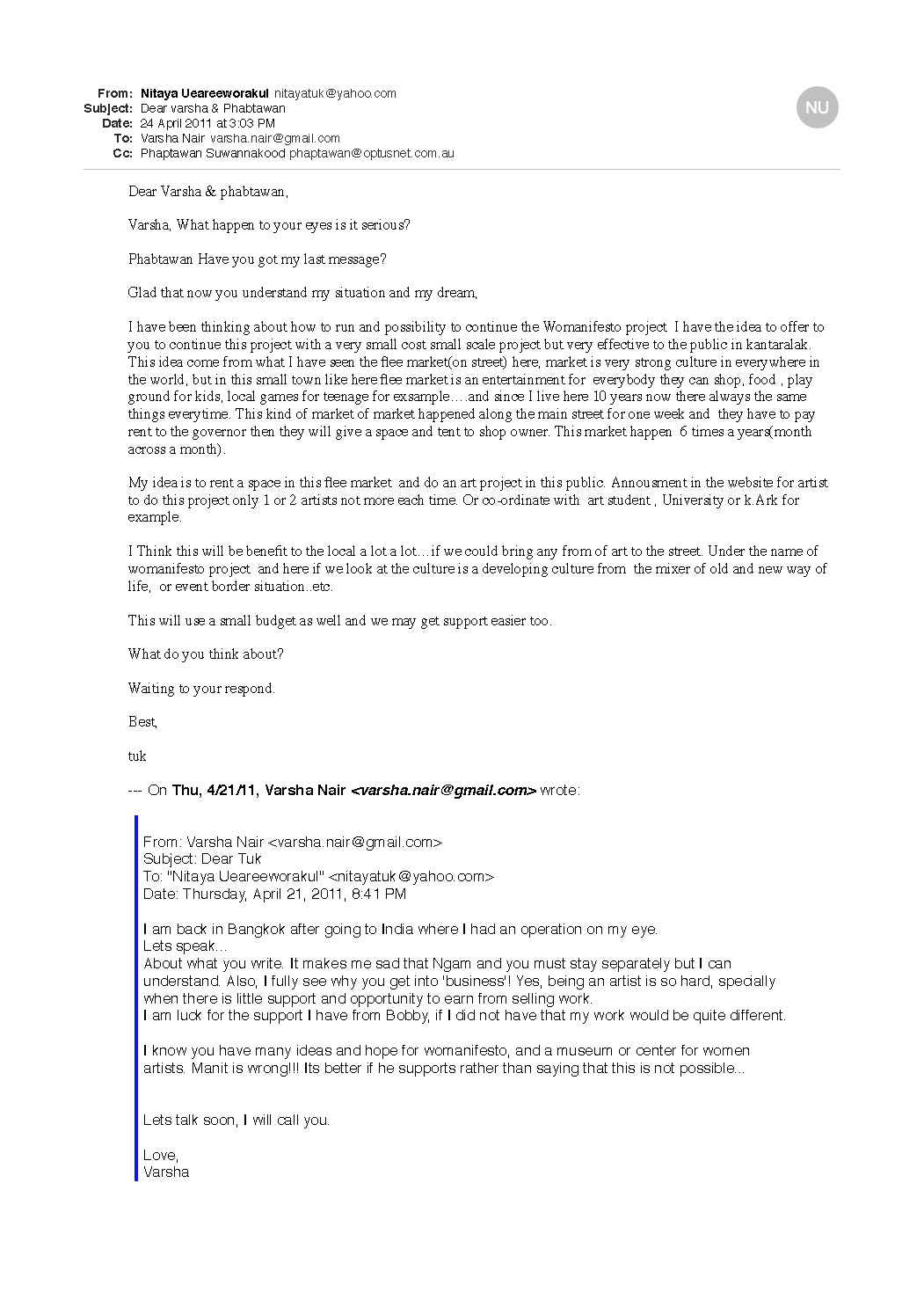 Email Correspondence between Nitaya Ueareeworakul, Varsha Nair, and Phaptawan Suwannakood, April 2011