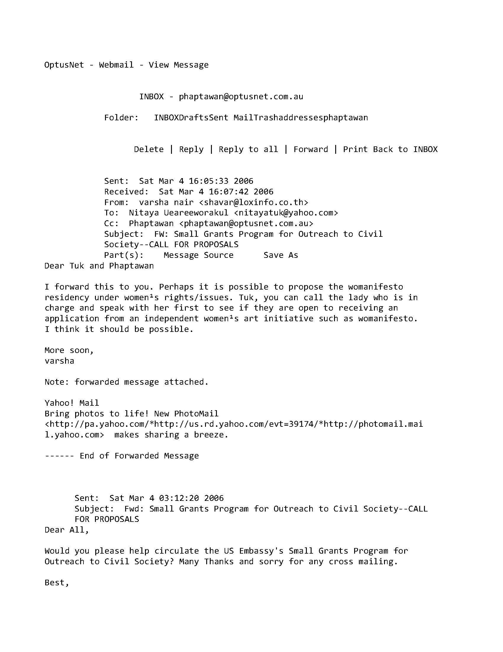 Email from Varsha Nair to Phaptawan Suwannakudt and Nitaya Ueareeworakul, 4 March 2006