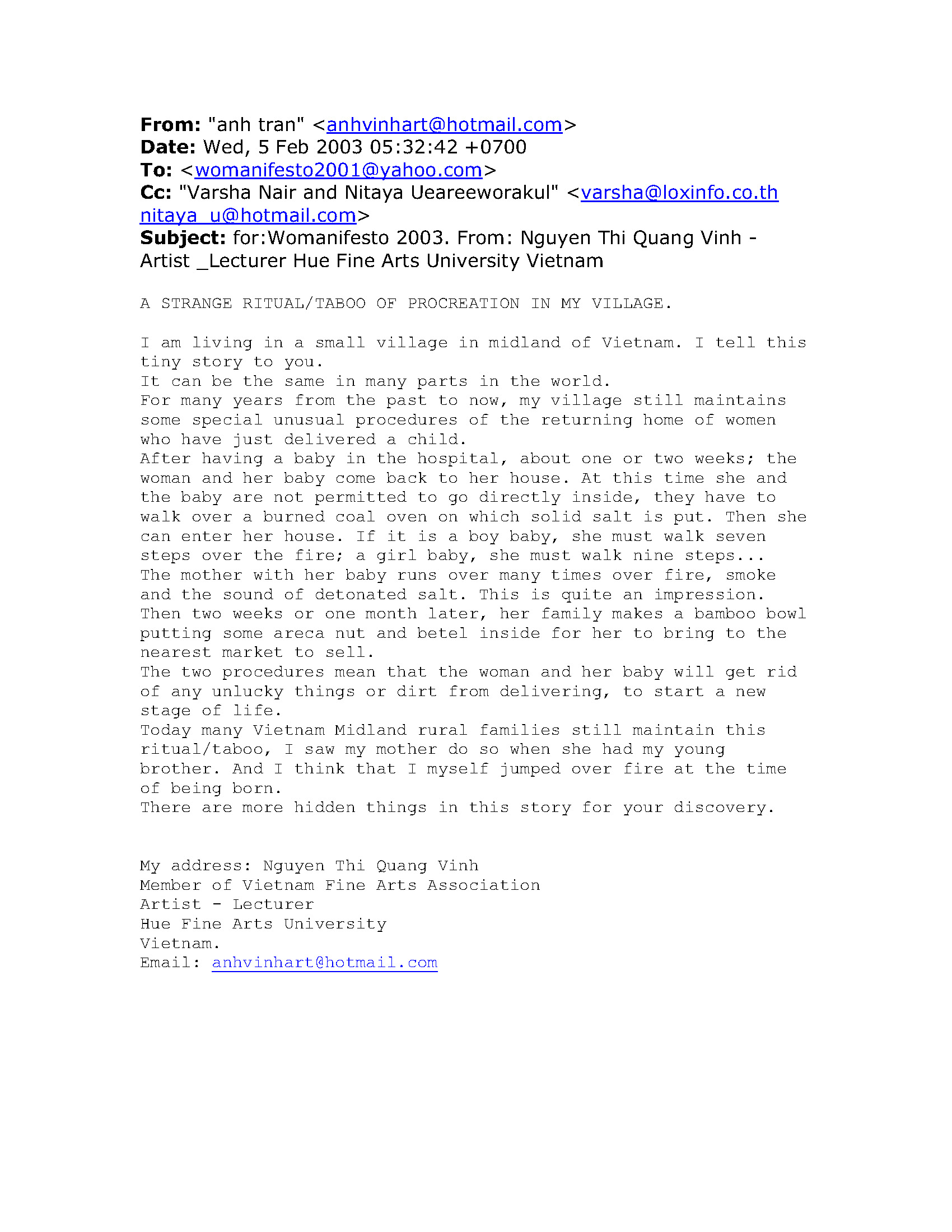 Email Submission of Procreation/Postcreation Publication Materials from Nguyen Thi Quang Vinh, 5 February 2003