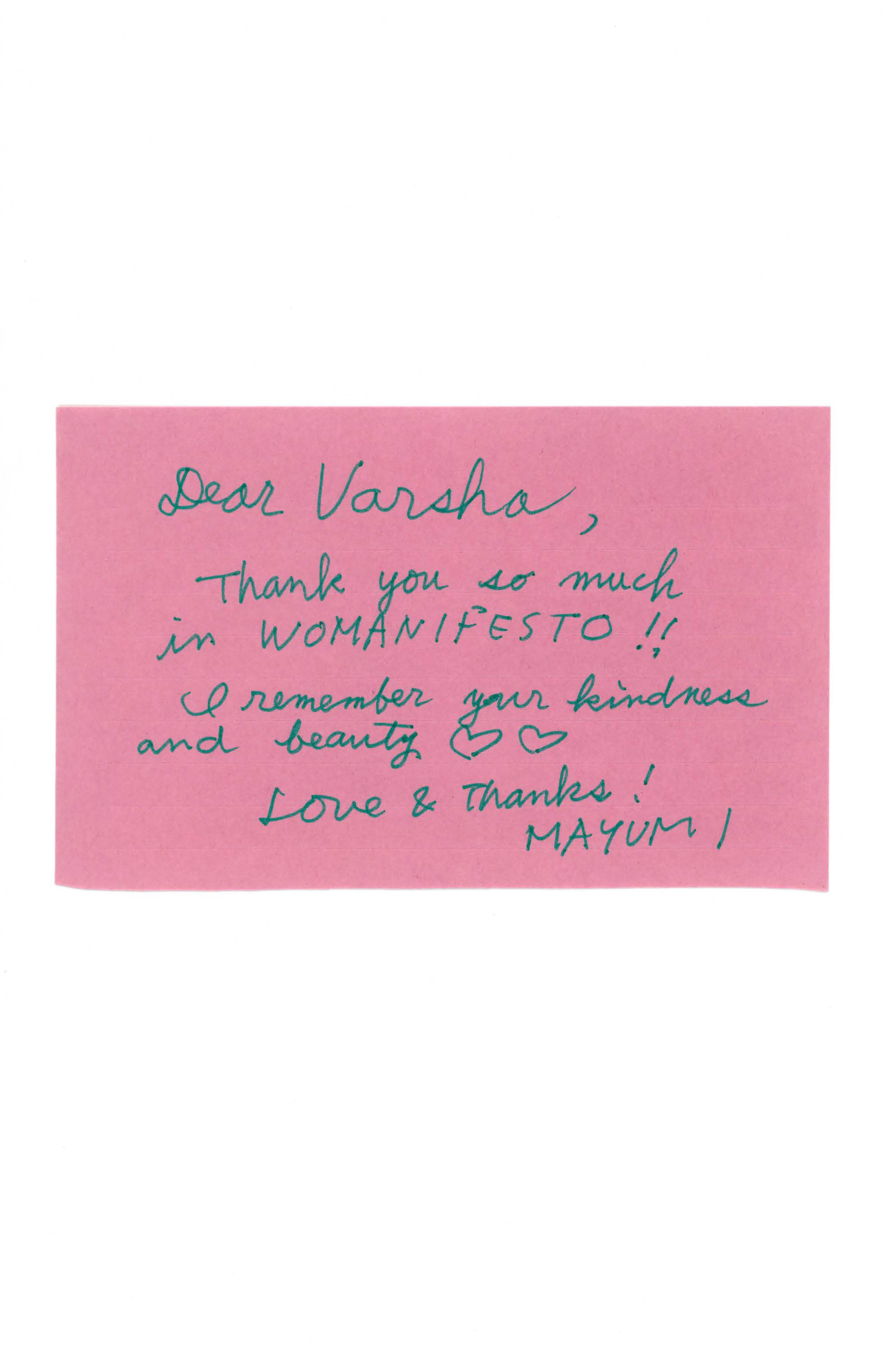 Thank You Note from Mayumi Hamada to Varsha Nair