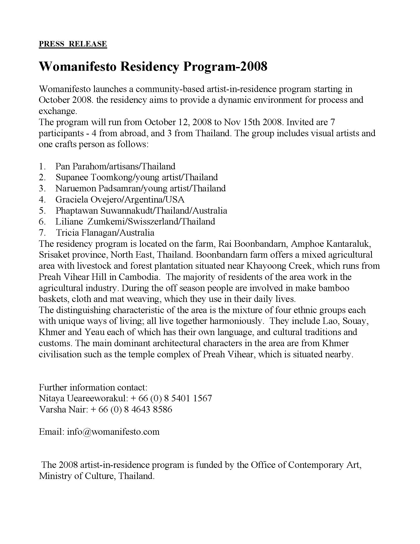 Womanifesto 2008 Residency Programme Press Release (Draft)