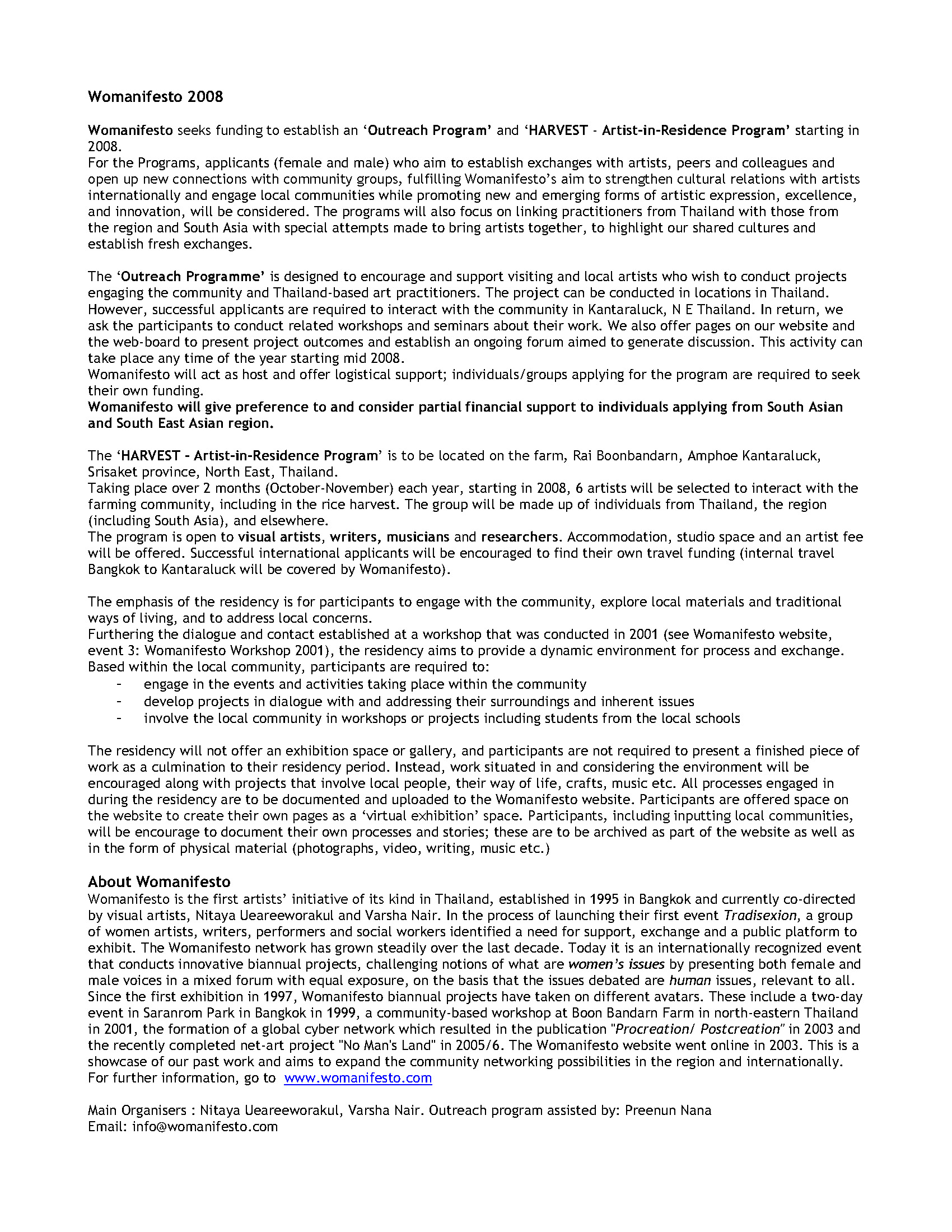 Funding Proposal for Outreach Programme and HARVEST - Artist-in-Residence Programme at Womanifesto 2008