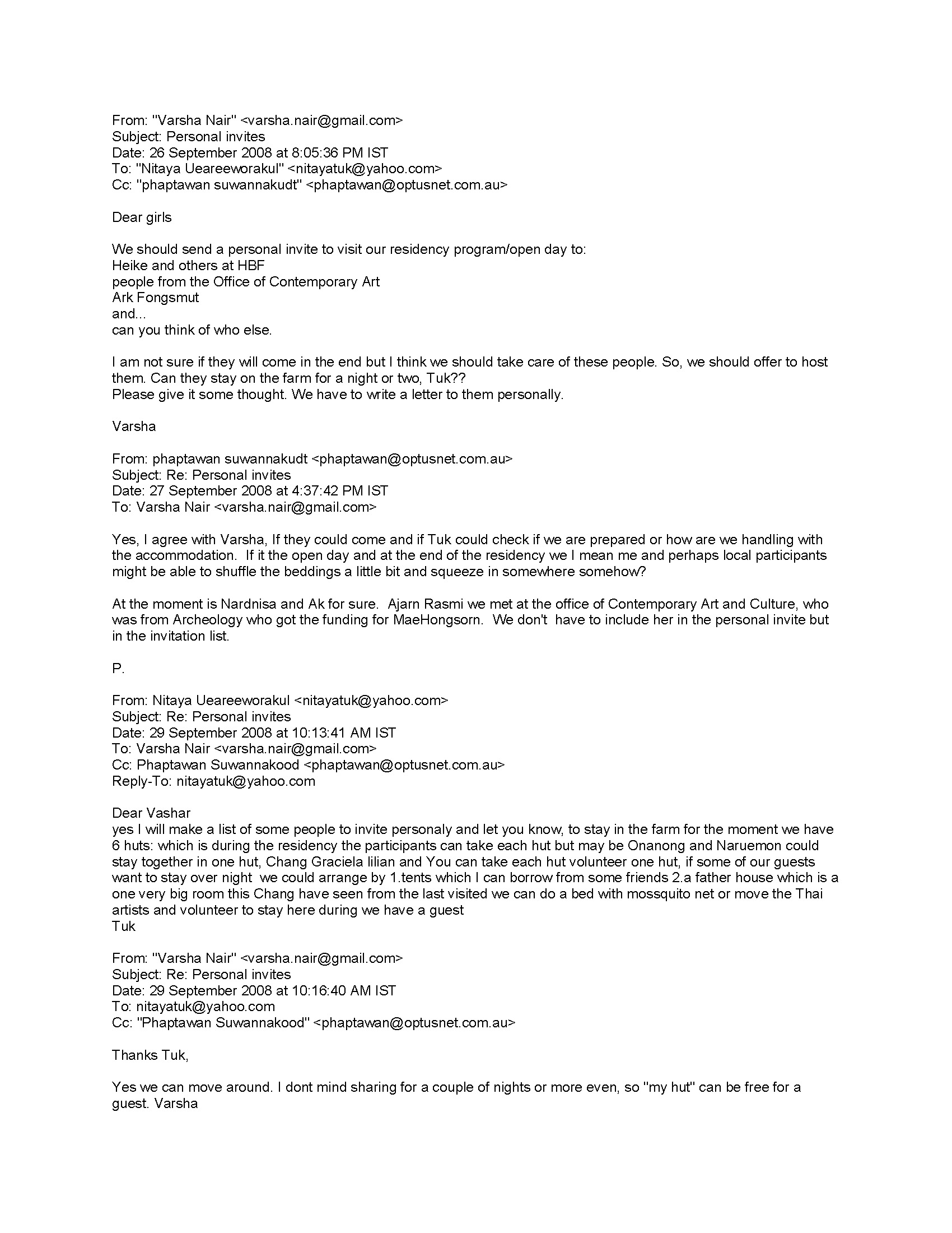 Email Correspondence between Varsha Nair, Nitaya Ueareeworakul, and Phaptawan Suwannakood, September 2008