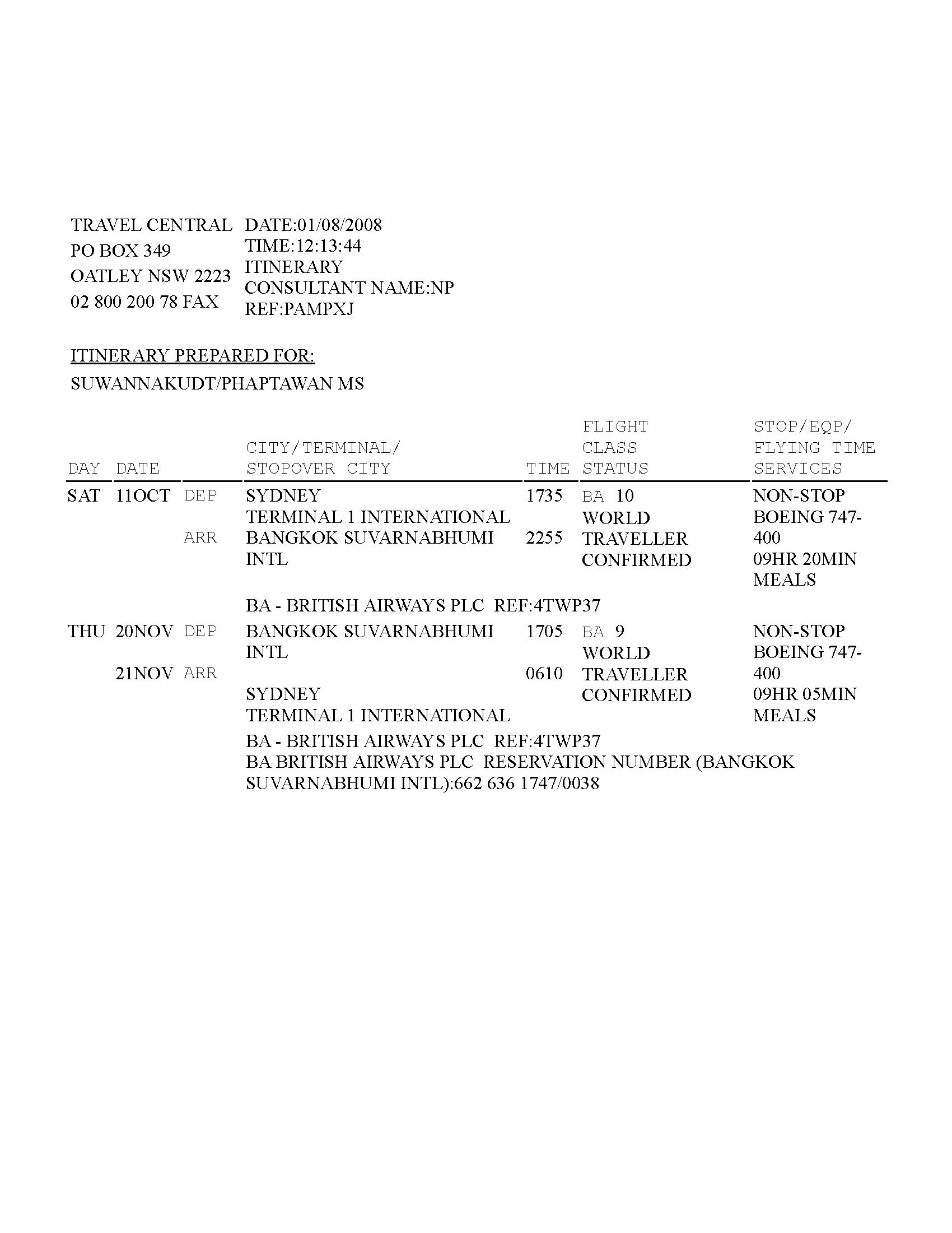 Phaptawan Suwannakudt's Flight Itinerary for Sydney/Bangkok (Ref: PAMPXJ)