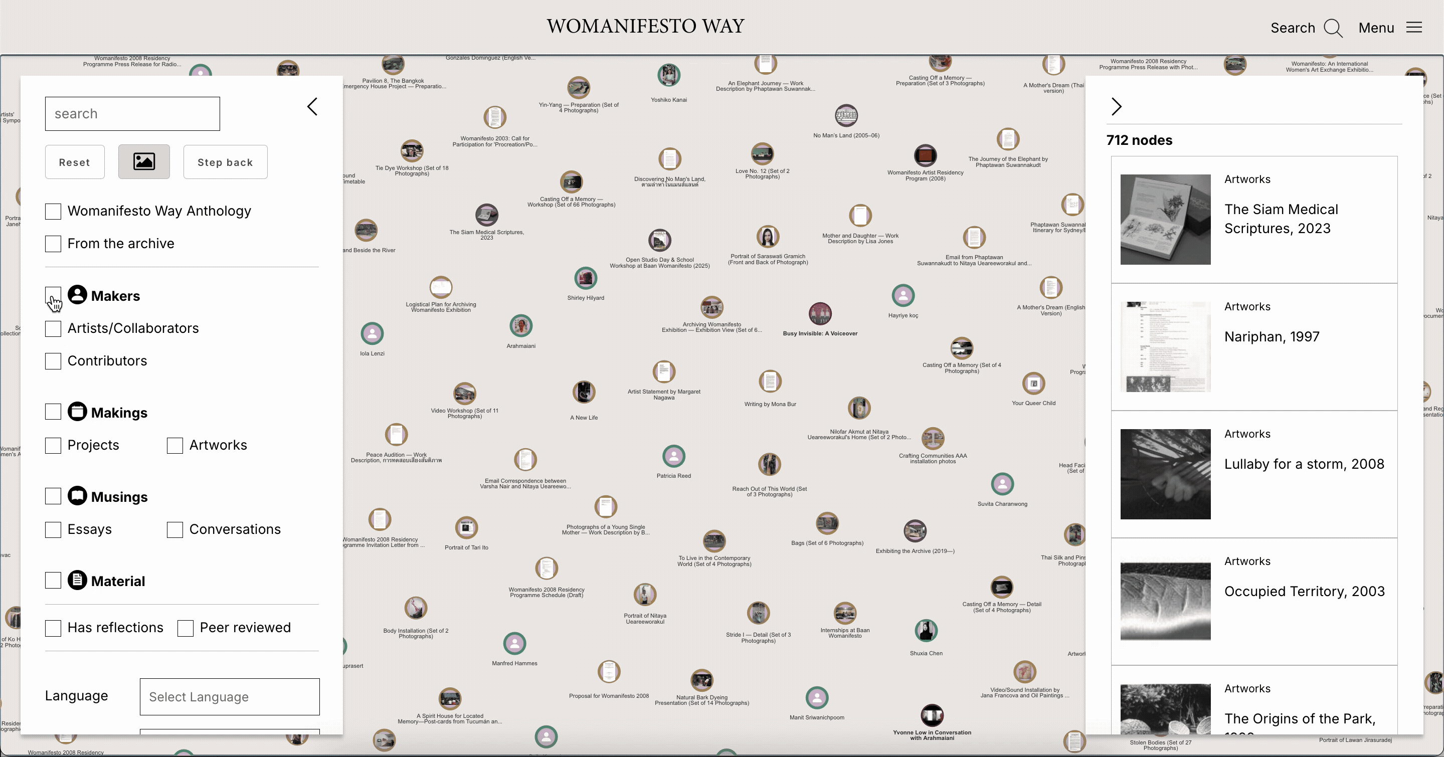 Screen recording of Womanifesto Way node graph, exploring by person over time.