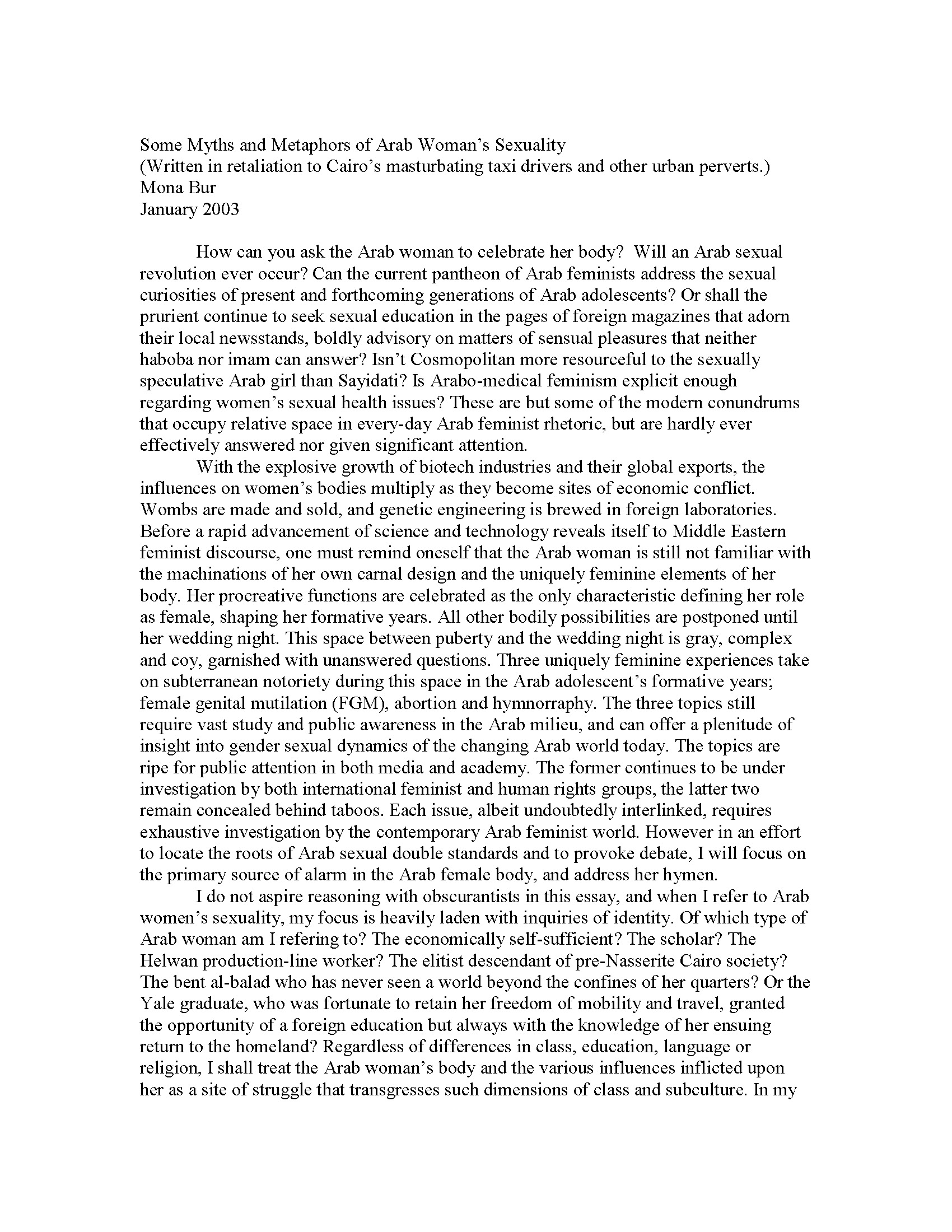 Some Myths and Metaphors of Arab Woman's Sexuality