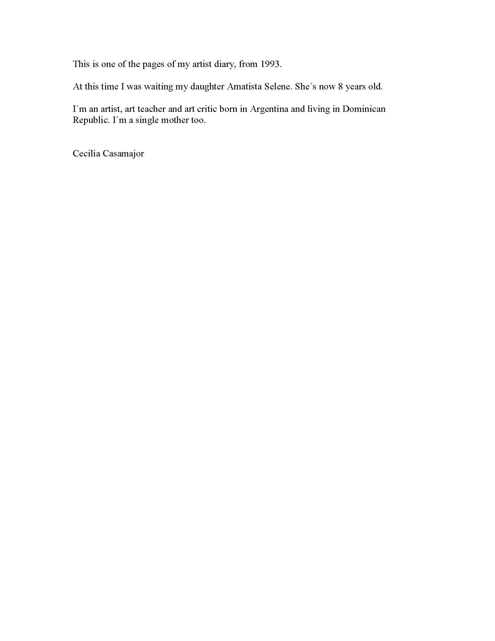 Page from Artist Diary of Cecilia Casamajor — Work Description