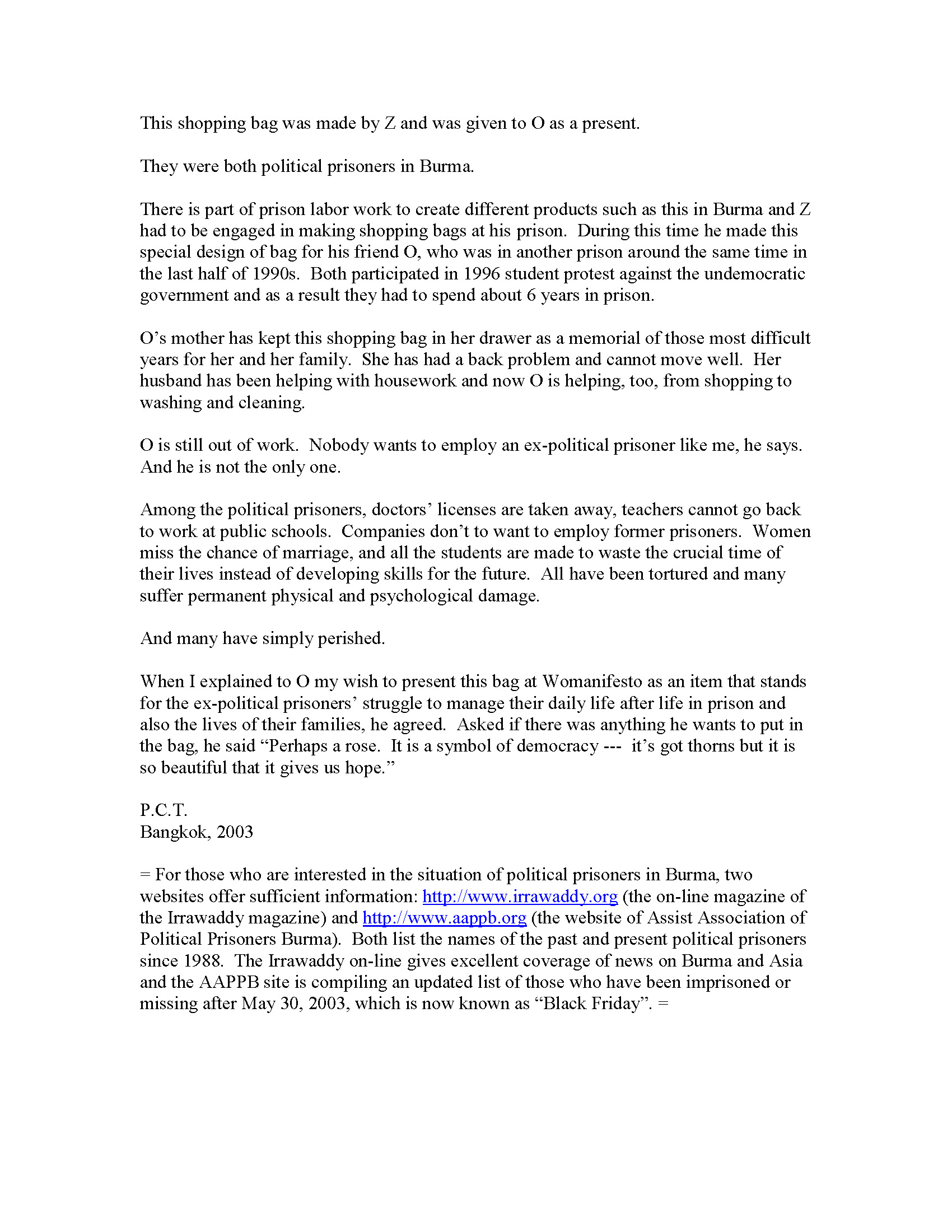 Writing on Political Prisoners in Burma by P.C.T.