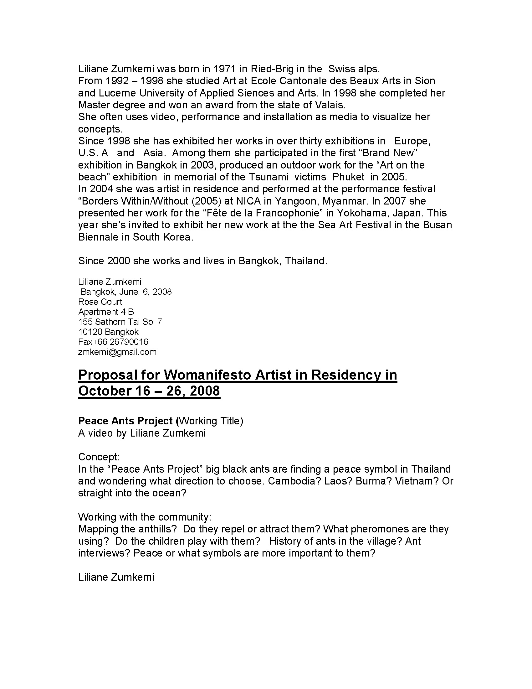 Artist Biography and Project Proposal for Peace Ants Project by Liliane Zumkemi