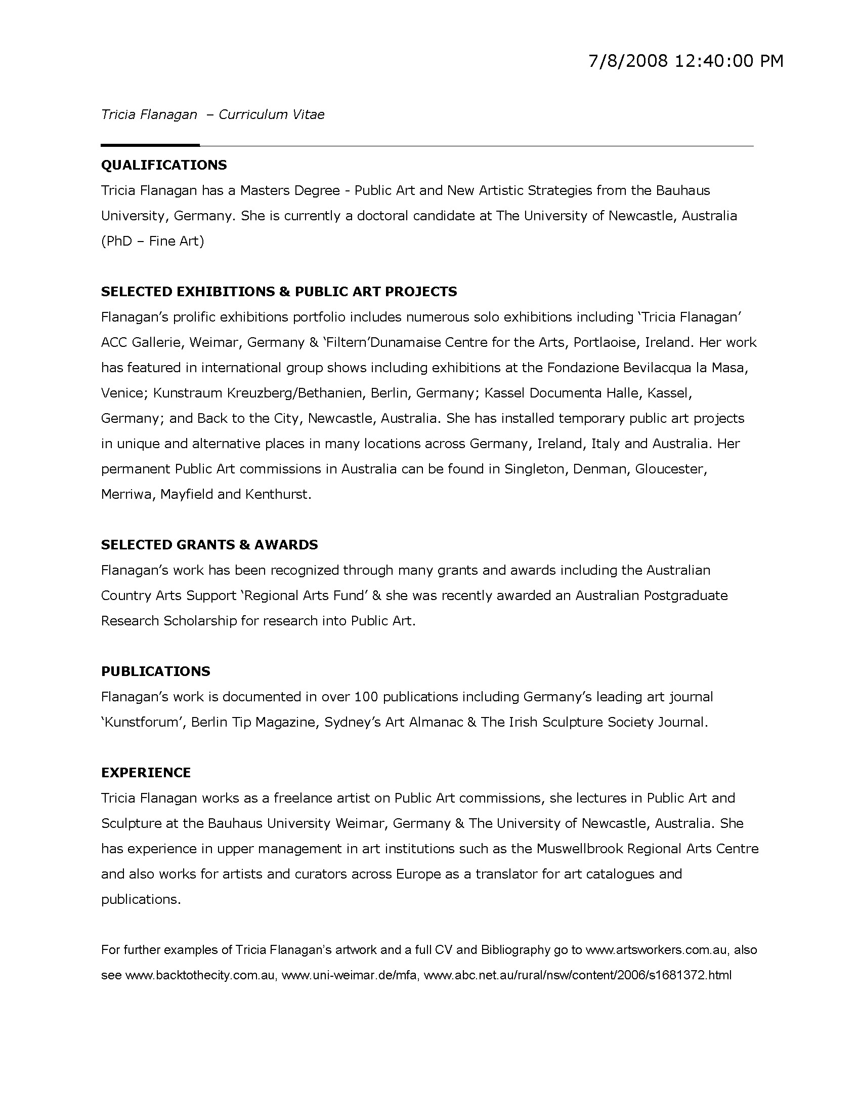 Tricia Flanagan's Curriculum Vitae