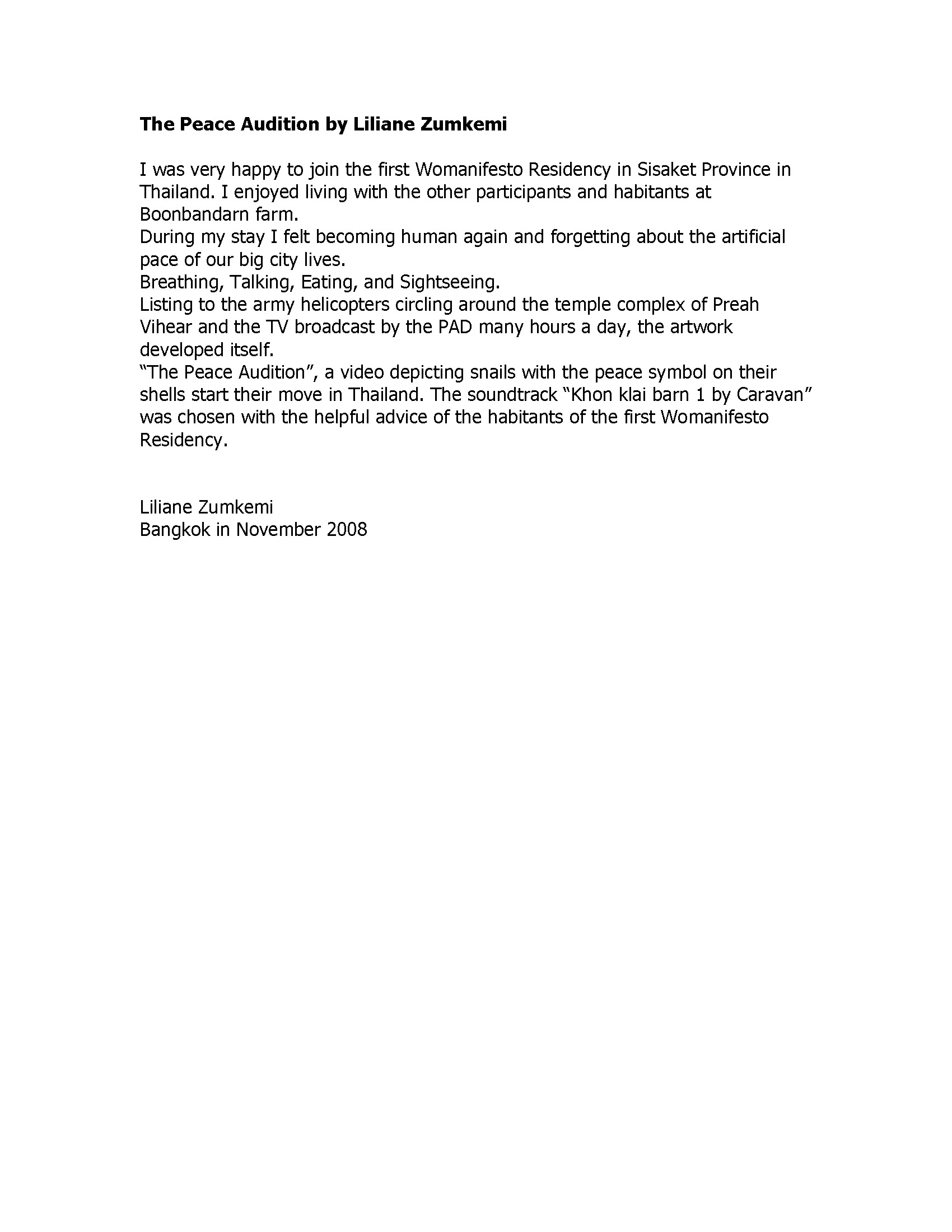 The Peace Audition by Liliane Zumkemi — Artist Statement