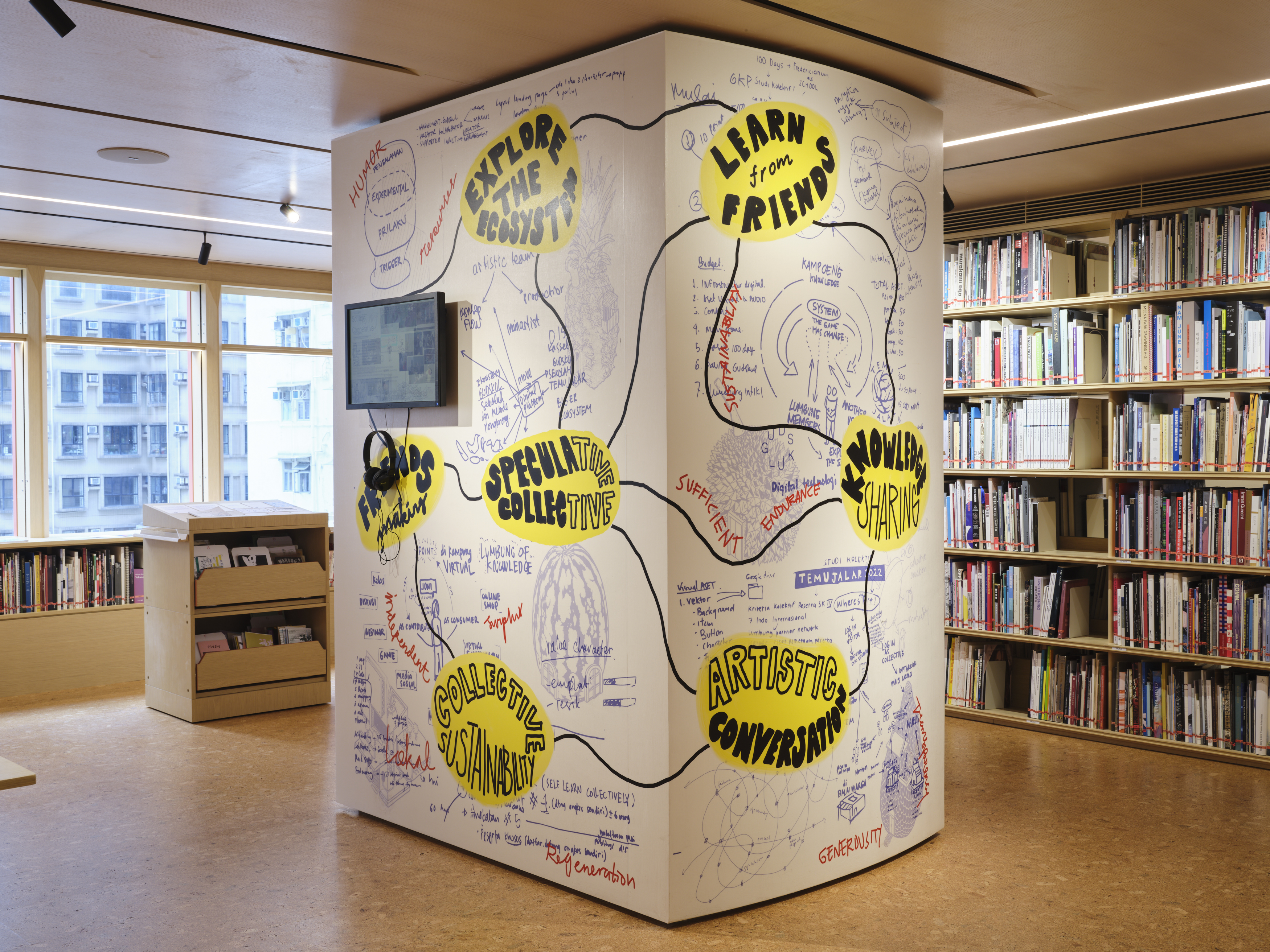 Gudskul, Temu Wall, 2022, wall graphic; Gudskul’s Veranda Talk, video. Part of The Collective School, AAA Library, 2022. Photo: South Ho.