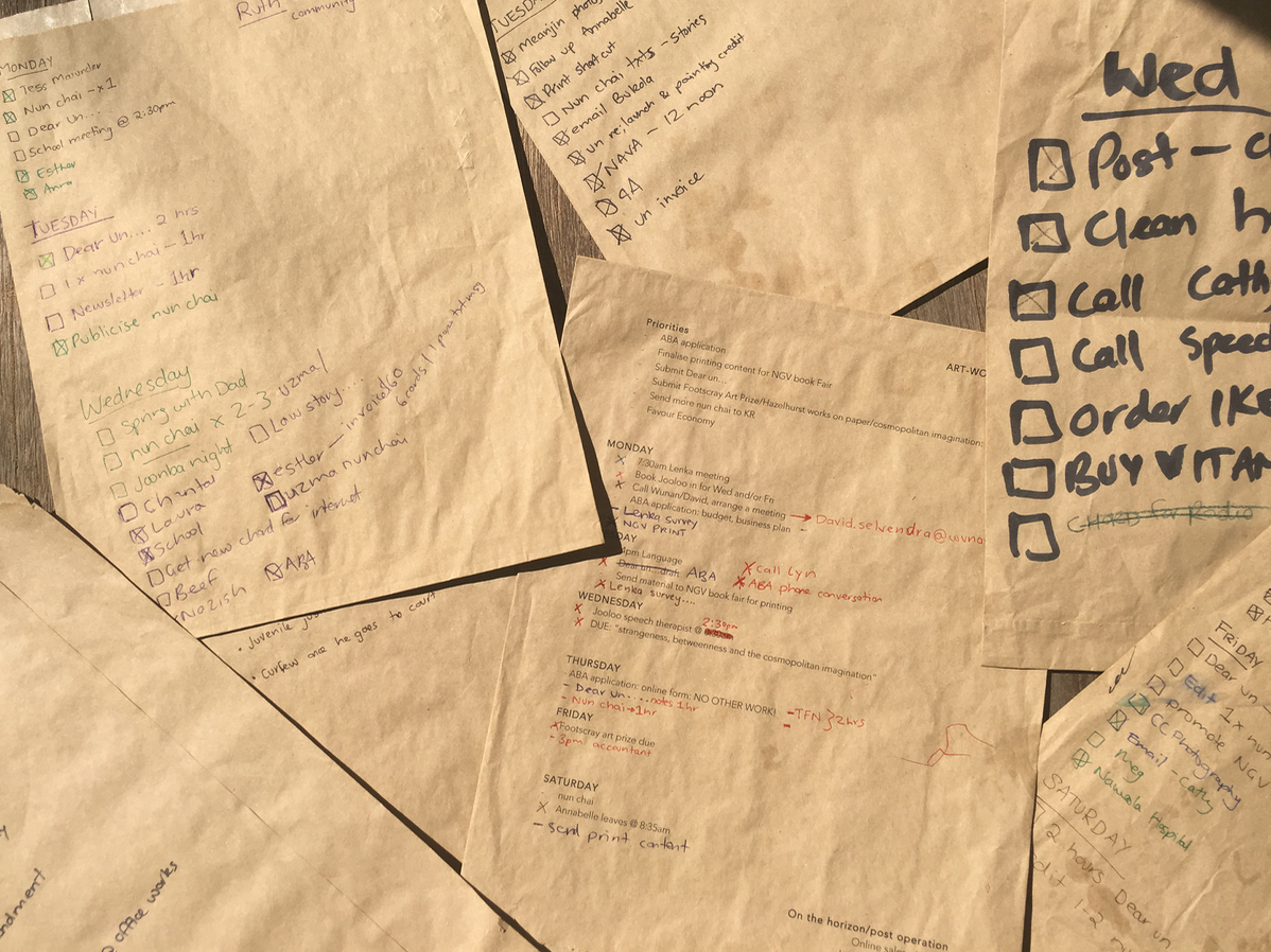 Work Lists 2016-ongoing, commenced as part of an Artist Residency in Motherhood founded by Lenka Clayton